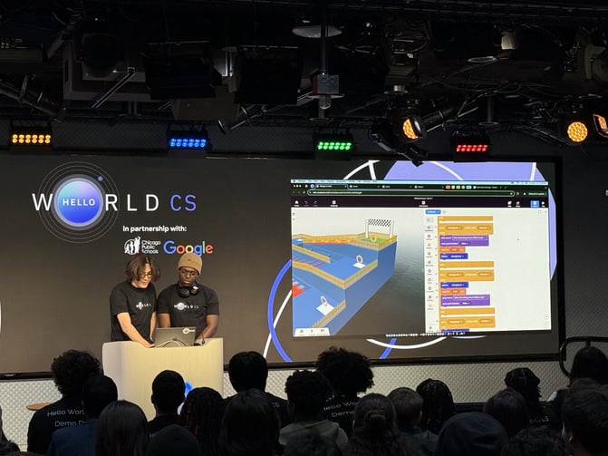 Students presenting their Obstacle Course project, built with VR.